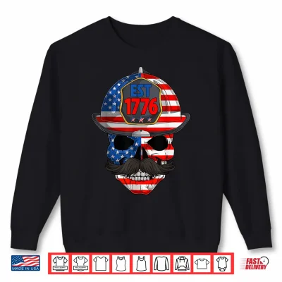 Sweatshirt 4th of July Retro Skull Firefighter USA American Flag Men Shirt