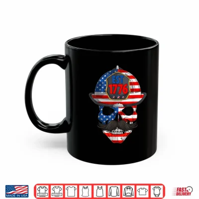 Mug 4th of July Retro Skull Firefighter USA American Flag Men Shirt