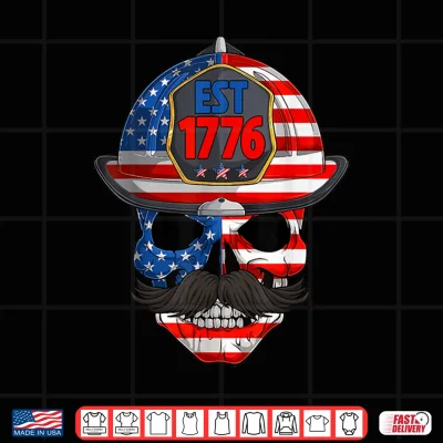 Design 4th of July Retro Skull Firefighter USA American Flag Men Shirt