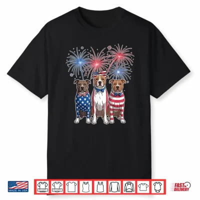 Funny Three Pitbull Dog Usa Flag 4Th Of July Women Men Shirt