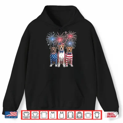 Hoodie Funny Three Pitbull Dog USA Flag 4th of July Women Men Shirt