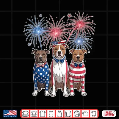 Design Funny Three Pitbull Dog USA Flag 4th of July Women Men Shirt