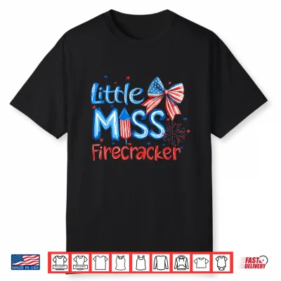 Little Miss Firecracker 4Th Of July American Flag Girls Kids Shirt