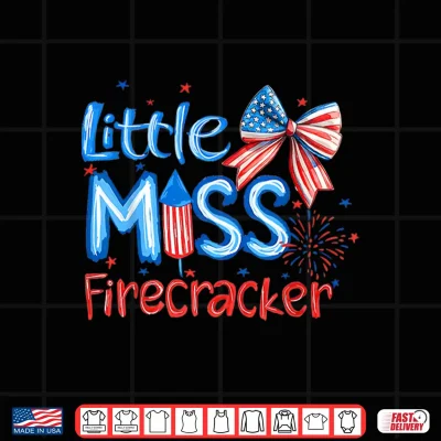 Design Little Miss Firecracker 4th of July American Flag Girls Kids Shirt
