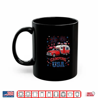 Mug Camping in The USA America Flag Camper Patriotic 4th of July Shirt