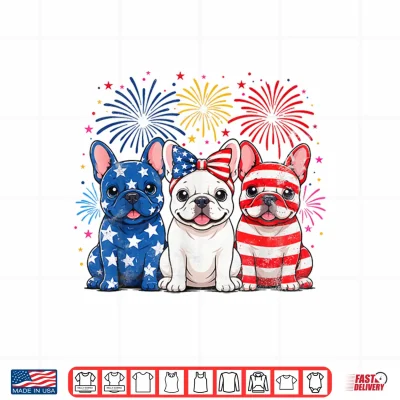 Design US America Flag Patriotic French Bulldogs 4th July Fireworks Shirt