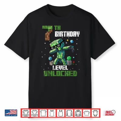 7Th Birthday Level Unlocked Pixel Dab 7 Bday Gamer Kids Boys Shirt