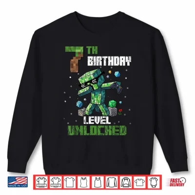 Sweatshirt 7th Birthday Level Unlocked Pixel Dab 7 Bday Gamer Kids Boys Shirt