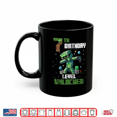 Mug 7th Birthday Level Unlocked Pixel Dab 7 Bday Gamer Kids Boys Shirt
