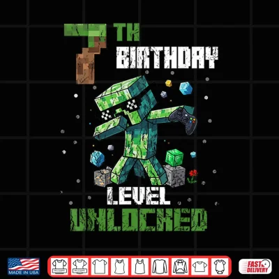 Design 7th Birthday Level Unlocked Pixel Dab 7 Bday Gamer Kids Boys Shirt