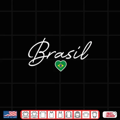 Design Brasil Souvenir Retro Brazil Flag Heart Cursive Womens Girls Shirt