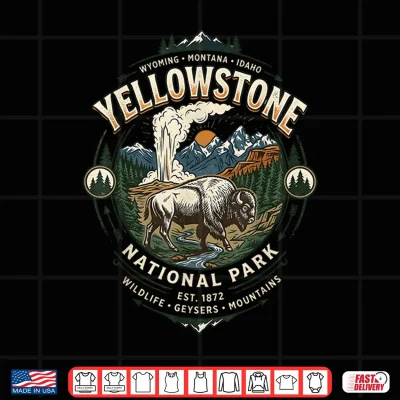 Design Yellowstone National Park Vintage Bison and Geyser Emblem Shirt