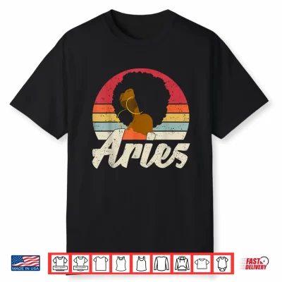 Aries Girl Afro Woman Birthday Retro Sunset Zodiac Shirt