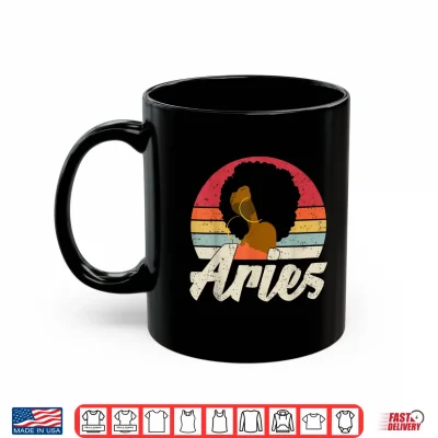 Mug Aries Girl Afro Woman Birthday Retro Sunset Zodiac Shirt