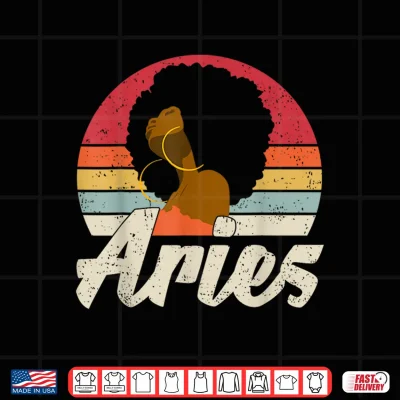 Design Aries Girl Afro Woman Birthday Retro Sunset Zodiac Shirt