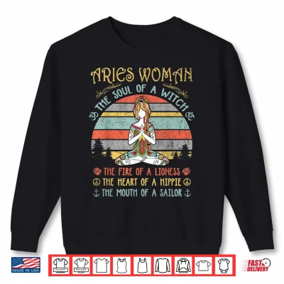 Sweatshirt Aries Woman The Soul Of A Witch Vintage Birthday Gift Shirt