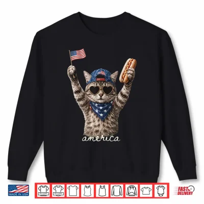 Sweatshirt Retro Funny America Cat Hot Dog Lovers Patriotic US Flag Shirt