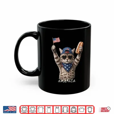 Mug Retro Funny America Cat Hot Dog Lovers Patriotic US Flag Shirt