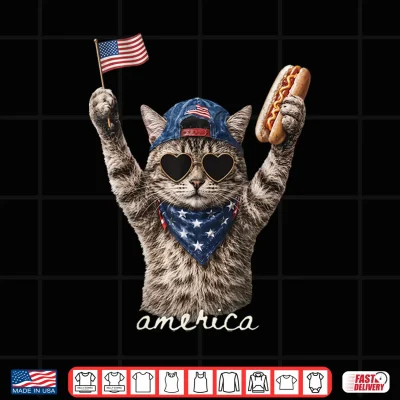Design Retro Funny America Cat Hot Dog Lovers Patriotic US Flag Shirt