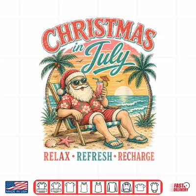 Design Christmas in July Relax Beach Santa Hawaiian Sunset Cruise Shirt