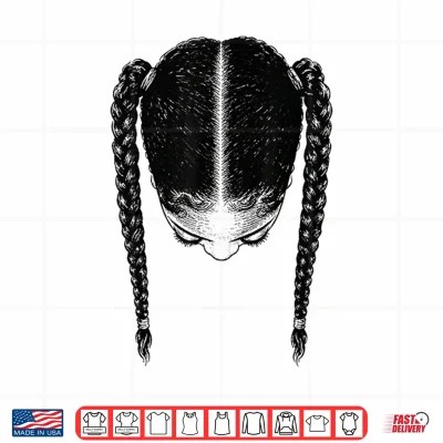 Design Parted Ponytails Black Girl Braids Line Art Two Pigtails Shirt