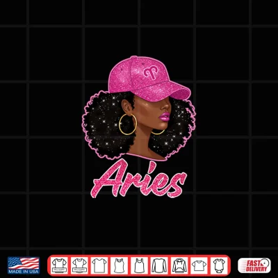 Design Aries Queen Black Woman With Pink Cap Afro Girl Zodiac Shirt
