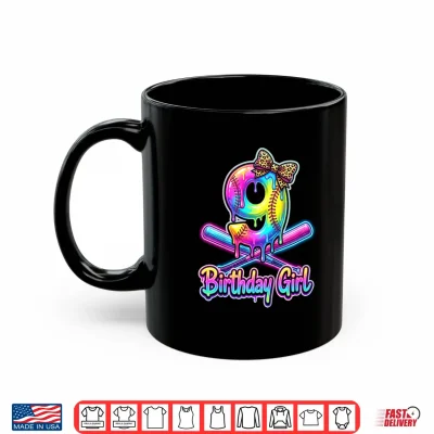 Mug 9th Birthday Girl Softball Ice Cream Drip Coquette Bow Shirt
