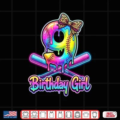 Design 9th Birthday Girl Softball Ice Cream Drip Coquette Bow Shirt