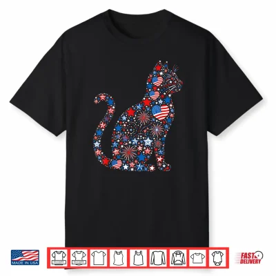 Cat American Usa Flag Fireworks Patriotic Fourth Of July Shirt