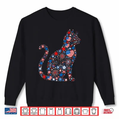 Sweatshirt Cat American USA Flag Fireworks Patriotic Fourth of July Shirt