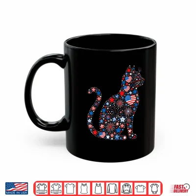 Mug Cat American USA Flag Fireworks Patriotic Fourth of July Shirt