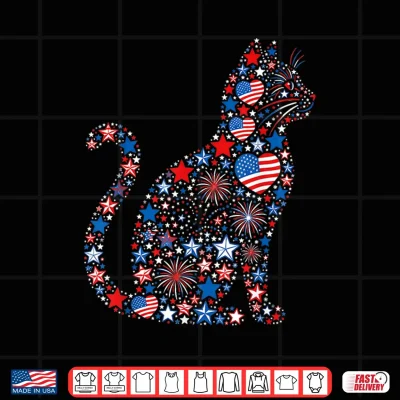 Design Cat American USA Flag Fireworks Patriotic Fourth of July Shirt