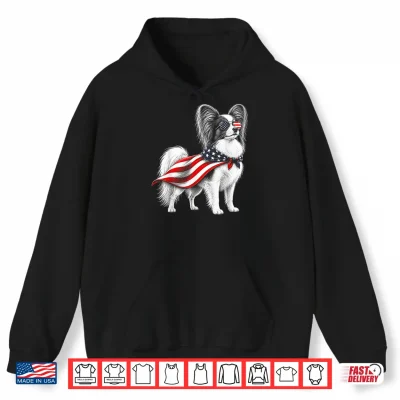 Hoodie Papillon Dog 4th of July US American Flag Patriotic Shirt