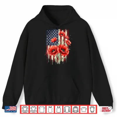 Hoodie Vintage Red Poppy Flower American Flag 4th of July Poppies Shirt