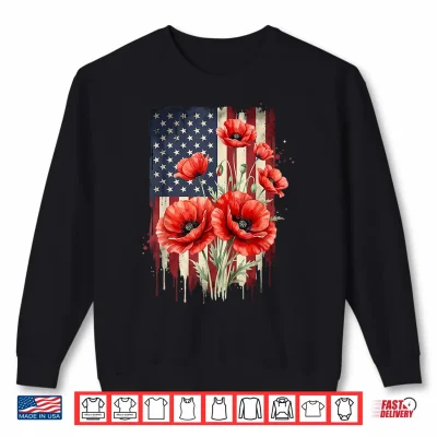Sweatshirt Vintage Red Poppy Flower American Flag 4th of July Poppies Shirt