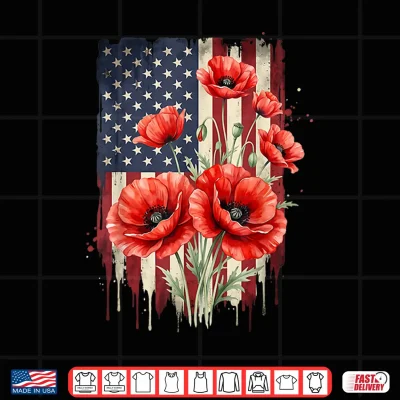 Design Vintage Red Poppy Flower American Flag 4th of July Poppies Shirt