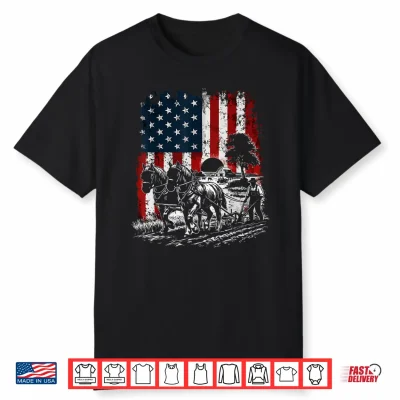 Draft Horse Farming Patriotic American Flag Vintage Farmer Shirt