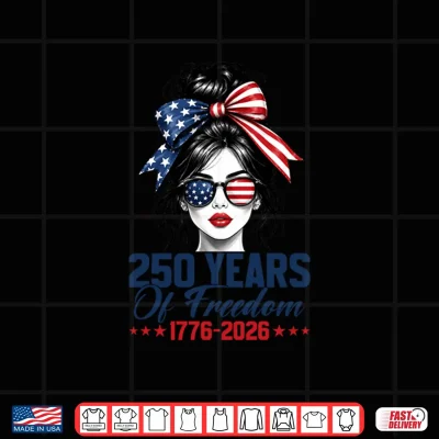 Design 250 American Years 1776 2026 Messy Bun Hair Women US Flag Shirt