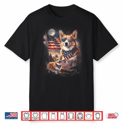 Patriotic Dog Corgi Moon With Usa Flag 4Th Of July Vintage Shirt