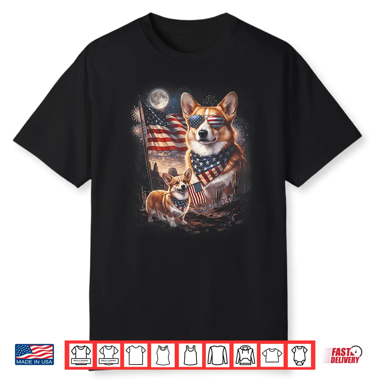 Patriotic Dog Corgi Moon With Usa Flag 4Th Of July Vintage Shirt