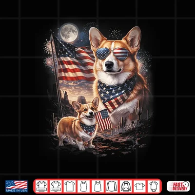 Design Patriotic Dog Corgi Moon with USA Flag 4th of July Vintage Shirt