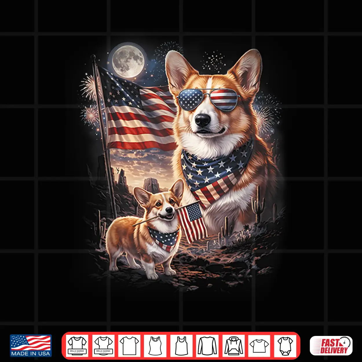 Patriotic Dog Corgi Moon With Usa Flag 4Th Of July Vintage Shirt