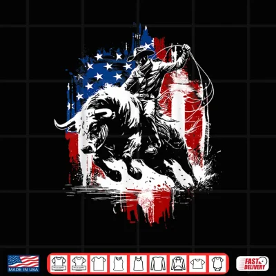 Design 4th of July Funny Bulls Riding Western Cowboy Rodeo USA Flag Shirt