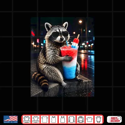 Design 4th of July Raccoon Drinking Iced Cocktail Funny Animal Meme Shirt