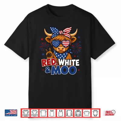 Red White & Moo Highland Cow 4Th Of July American Flag Women Shirt