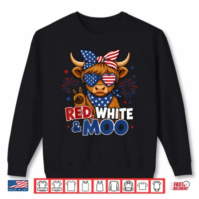 Sweatshirt Red White Moo Highland Cow 4th of July American Flag Women Shirt