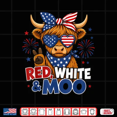 Design Red White Moo Highland Cow 4th of July American Flag Women Shirt