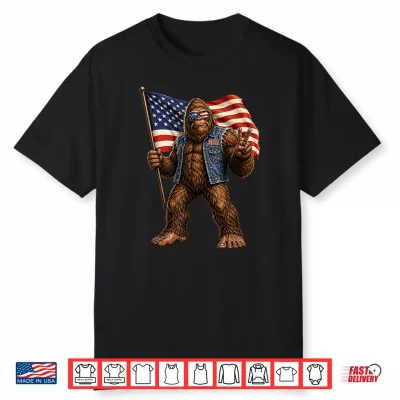 Bigfoot American Flag Sasquatch Usa Patriotic Peace Sign Shirt