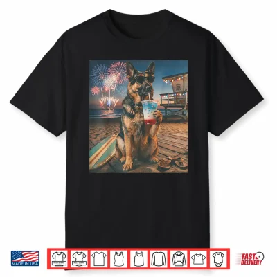 Funny German Shepherd Patriotic Beach Fireworks Dog Art Shirt