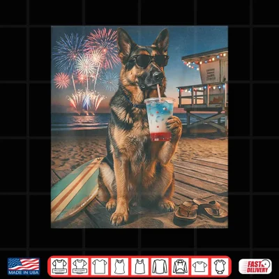 Design Funny German Shepherd Patriotic Beach Fireworks Dog Art Shirt